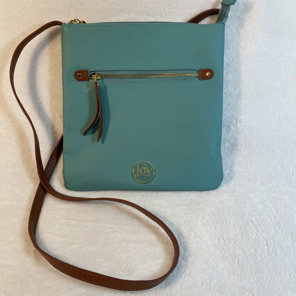 Joy Mangano Pebbled 100% Leather Turquoise/Brown Square Crossbody Bag Purse